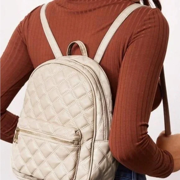 Quilted Leather Backpack Taupe Gold Chain Strap Zip Pocket Chic Bag - Picture 2 of 8